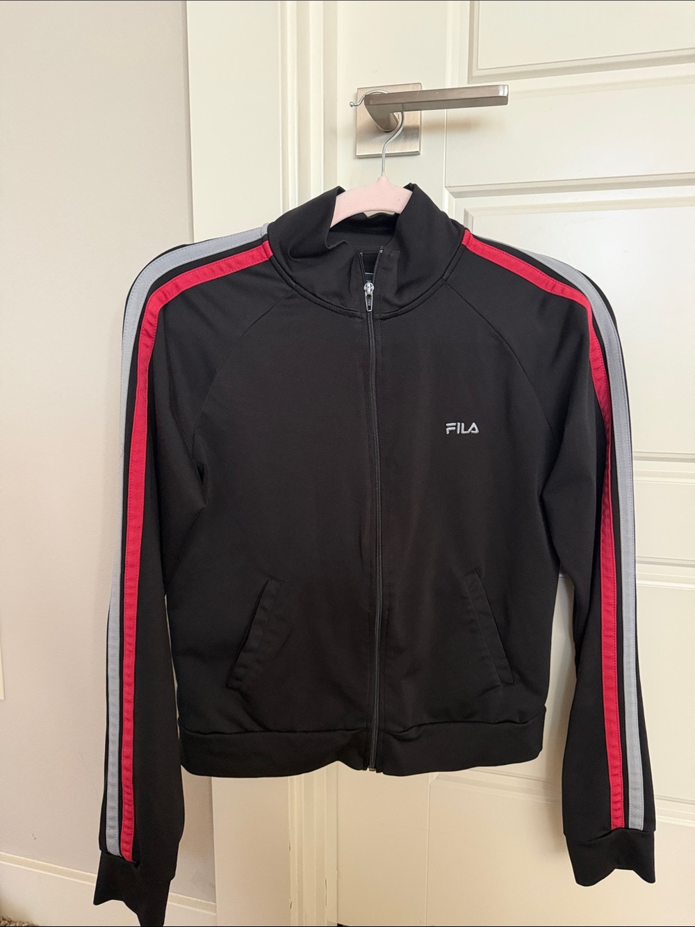 Fila Black Varsity-Style Jacket with Red & Gray Sleeve Stripes
